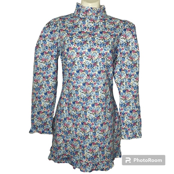 Nasty Gal Floral Print Dress 10 Blue Pink White Long Sleeve Mini Ruffles - Picture 4 of 12